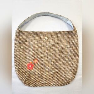 Brown Tweed Women's Bag with Floral Accent Gold Chain Link Closure Soft Cotton